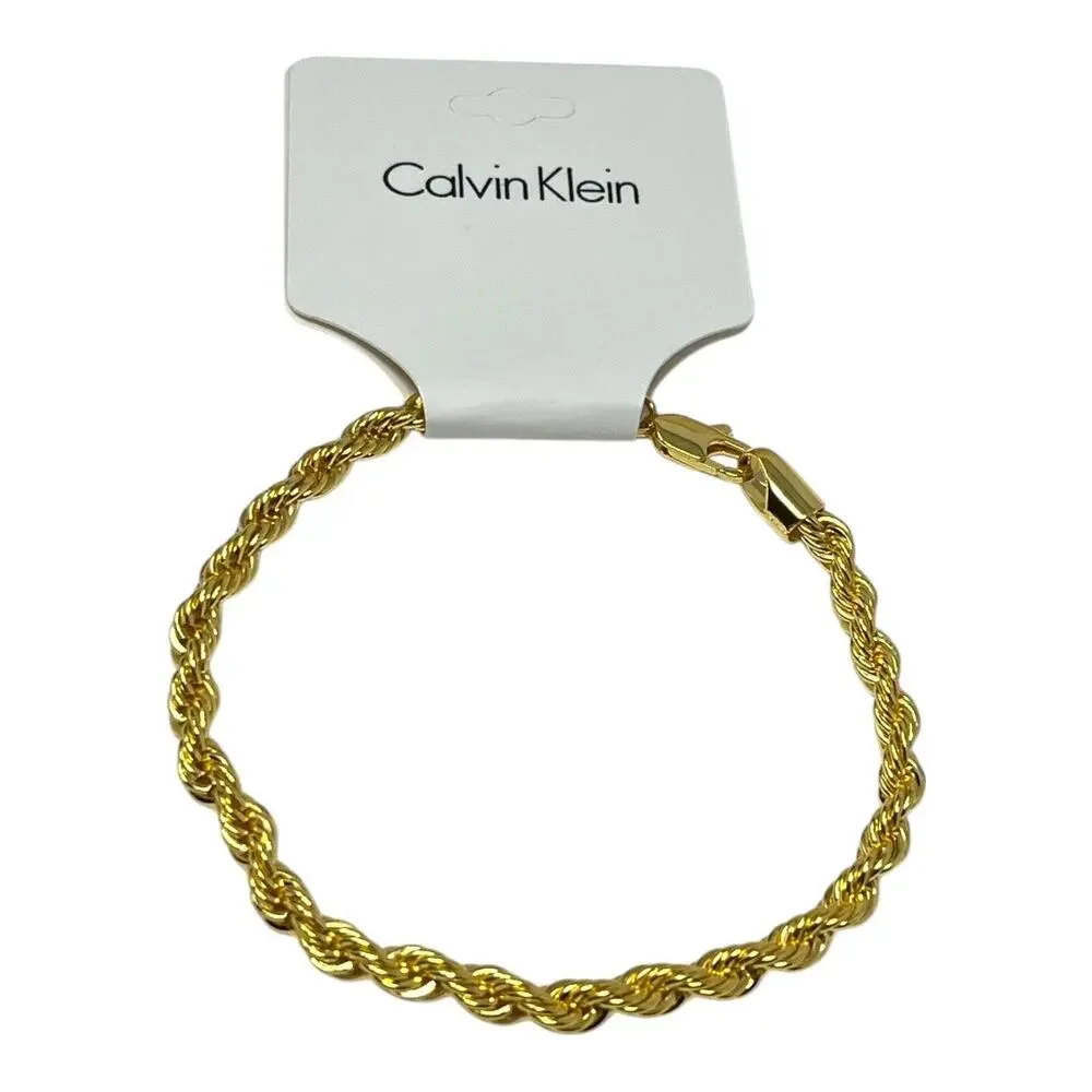 Calvin Klein Men’s Gold-Tone Rope Chain Bracelet – 9” Polished Twist Design, NWT
